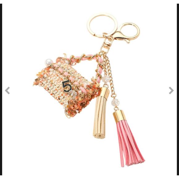 Pink Pearl Tweed Handbag Tassel Bag Charm / Keychain - Picture 3 of 3